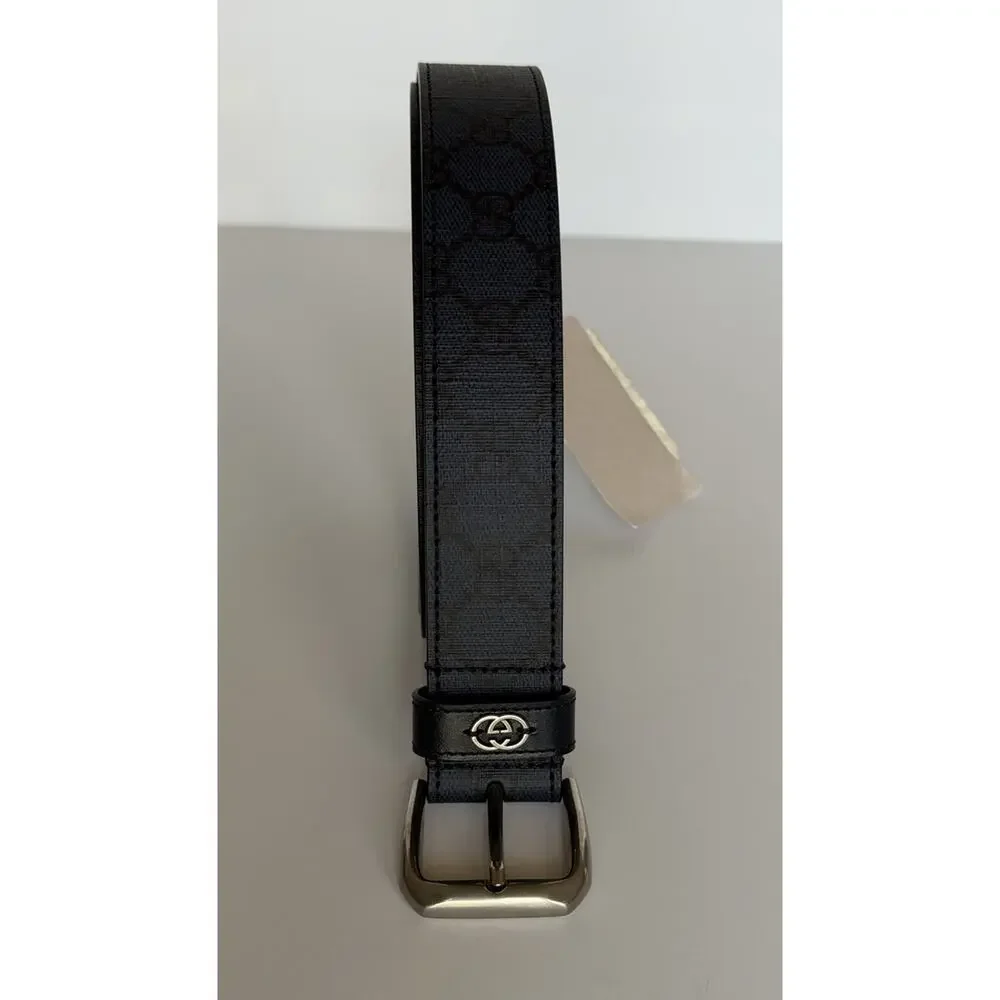 Gucci Interlocking GG Supreme Details Leather Belt Blue/Black 115/46 673921 NWT